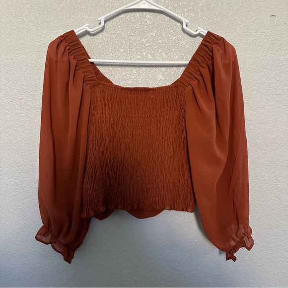 Rust-Colored Off-the-Shoulder Blouse with Ruched Front - Picture 4 of 5